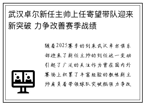 武汉卓尔新任主帅上任寄望带队迎来新突破 力争改善赛季战绩