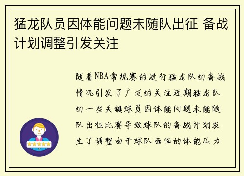 猛龙队员因体能问题未随队出征 备战计划调整引发关注