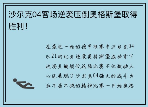 沙尔克04客场逆袭压倒奥格斯堡取得胜利！