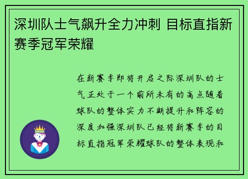 深圳队士气飙升全力冲刺 目标直指新赛季冠军荣耀