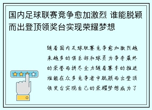 国内足球联赛竞争愈加激烈 谁能脱颖而出登顶领奖台实现荣耀梦想