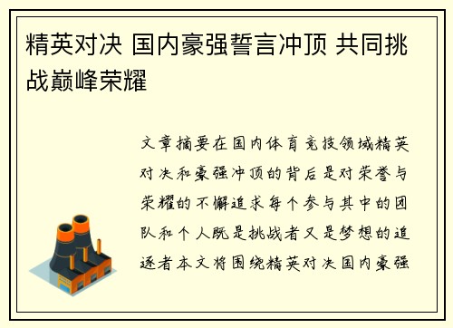 精英对决 国内豪强誓言冲顶 共同挑战巅峰荣耀