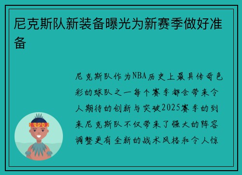 尼克斯队新装备曝光为新赛季做好准备