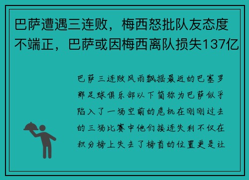 巴萨遭遇三连败，梅西怒批队友态度不端正，巴萨或因梅西离队损失137亿