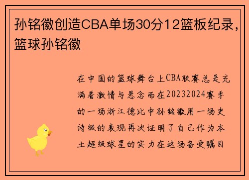 孙铭徽创造CBA单场30分12篮板纪录，篮球孙铭徽