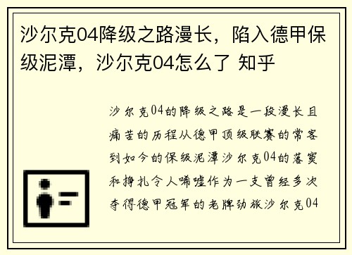 沙尔克04降级之路漫长，陷入德甲保级泥潭，沙尔克04怎么了 知乎