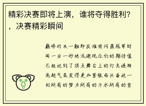 精彩决赛即将上演，谁将夺得胜利？，决赛精彩瞬间