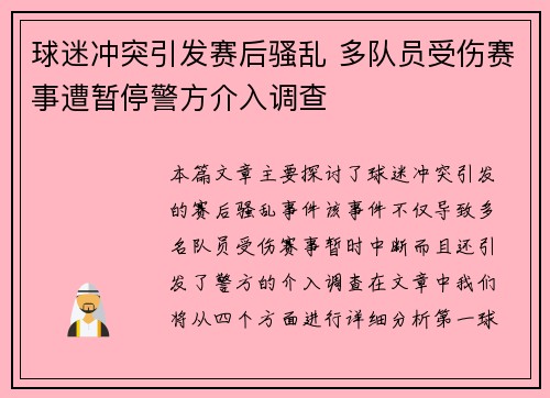 球迷冲突引发赛后骚乱 多队员受伤赛事遭暂停警方介入调查