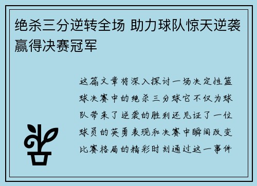 绝杀三分逆转全场 助力球队惊天逆袭赢得决赛冠军