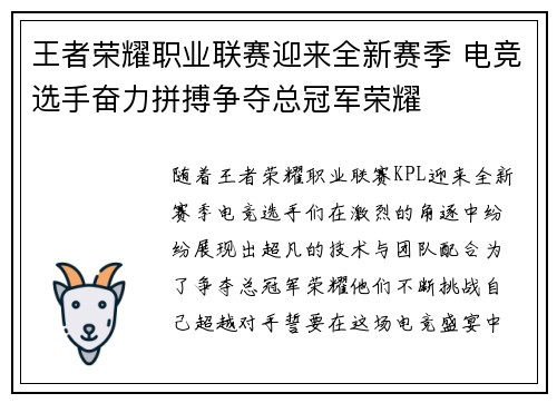 王者荣耀职业联赛迎来全新赛季 电竞选手奋力拼搏争夺总冠军荣耀