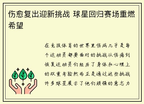 伤愈复出迎新挑战 球星回归赛场重燃希望