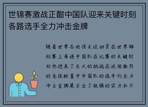 世锦赛激战正酣中国队迎来关键时刻各路选手全力冲击金牌