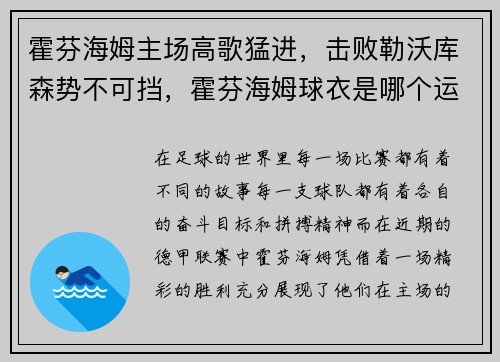 霍芬海姆主场高歌猛进，击败勒沃库森势不可挡，霍芬海姆球衣是哪个运动品牌