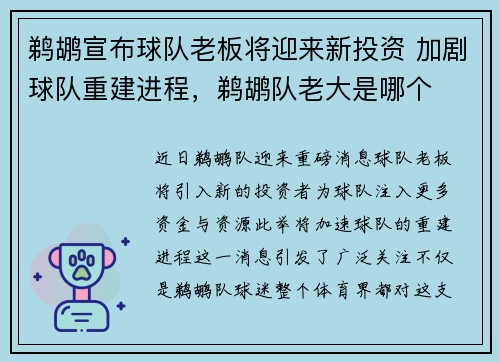 鹈鹕宣布球队老板将迎来新投资 加剧球队重建进程，鹈鹕队老大是哪个