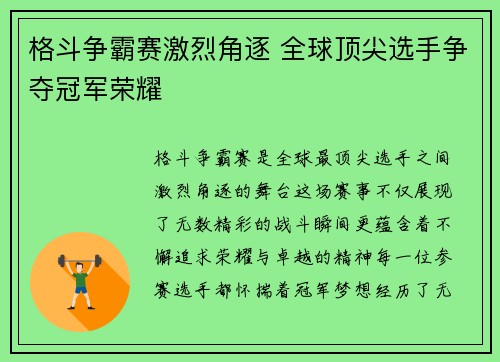 格斗争霸赛激烈角逐 全球顶尖选手争夺冠军荣耀 